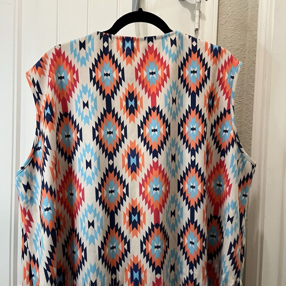 Southern Stitch Aztec Blue Orange Diamond Sleeveless Fringe Boho Kimono Open Top - Picture 9 of 9